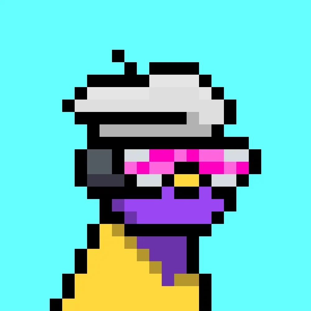Official Lowski cyan-background pixel dog with pink glasses and a white hat